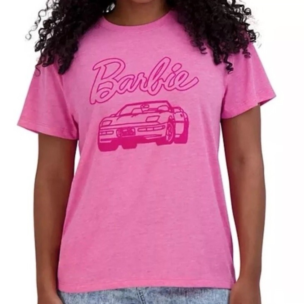 Mattel Barbie‎ Graphic T Shirt Short Sleeve Car Velvet Print Tee pink Women’s XL
